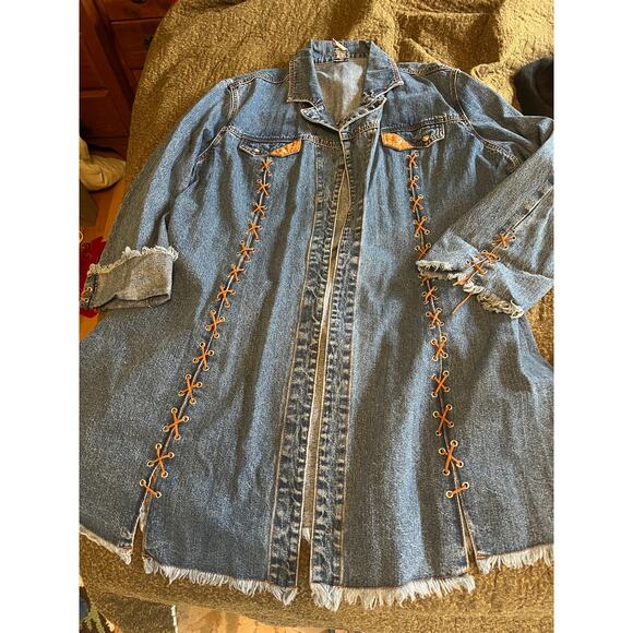 Ethyl blue jean denim long duster jacket leather stitchy Y2K Western boho 3X - Picture 5 of 11
